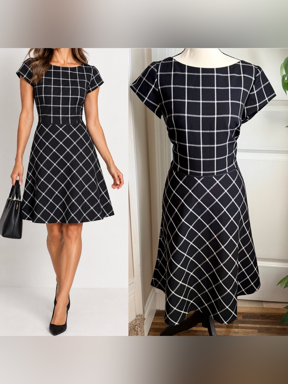 White House Black Market Windowpane Plaid A-Line Dress Black White Sz 4